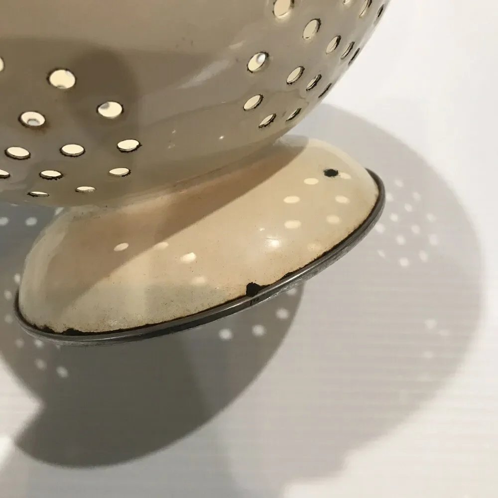 Rustic Primitive Vintage White Enamel Collander Floral Print Accent Brass Handle